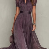 Marie - Chiffon Maxi Dress with Purple Keyhole Neckline