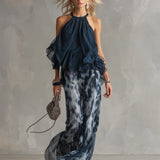 Ludovica | Elegant Set with High Neck Top and Wide-Leg Printed Trousers
