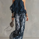 Ludovica | Elegant Set with High Neck Top and Wide-Leg Printed Trousers