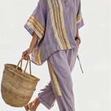 Daniela – Elegant Lavender Top and Mustard Striped Trousers