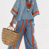 Valeria – Sophisticated Striped Terracotta Top and Linen Trousers