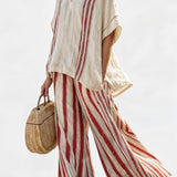 Mirella – Structured Red Striped Top and Linen Trousers