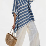 Ornella – Sophisticated Striped Blue Top and Trousers with Hem Detail