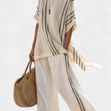 Raffaella – Elegant Beige Linen Blouse and Black Striped Trousers