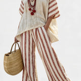 Rosalinda – Elegant Rustic Striped Top and Cream Linen Trousers