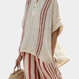 Mirella – Structured Red Striped Top and Linen Trousers