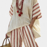 Rosalinda – Elegant Rustic Striped Top and Cream Linen Trousers