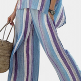 Ginevra – Elegant Pastel Mauve Top and Striped Linen Trousers