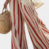 Mirella – Structured Red Striped Top and Linen Trousers