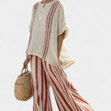 Mirella – Structured Red Striped Top and Linen Trousers