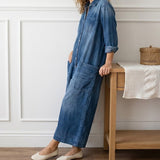 Diana | Vintage Washed Cotton Denim Dungarees with Button Fastening