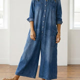Diana | Vintage Washed Cotton Denim Dungarees with Button Fastening