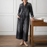 Diana | Vintage Washed Cotton Denim Dungarees with Button Fastening